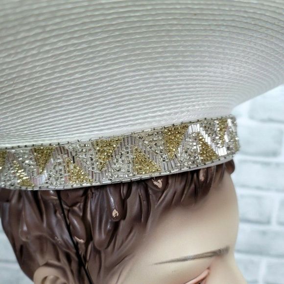Vintage 80s 90s TIM CRAWFORD‎ White Straw Rhinestone Beaded Derby Cartwheel Hat main image 10
